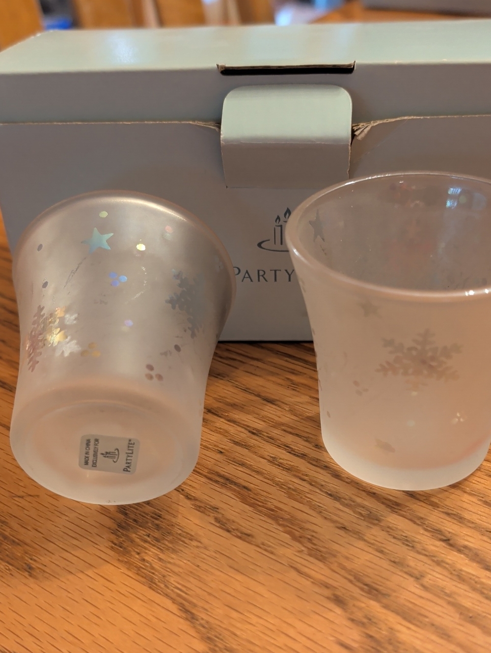 PartyLite Snowy Nights Frosted Snowflake & Star Votive Holder Pair
